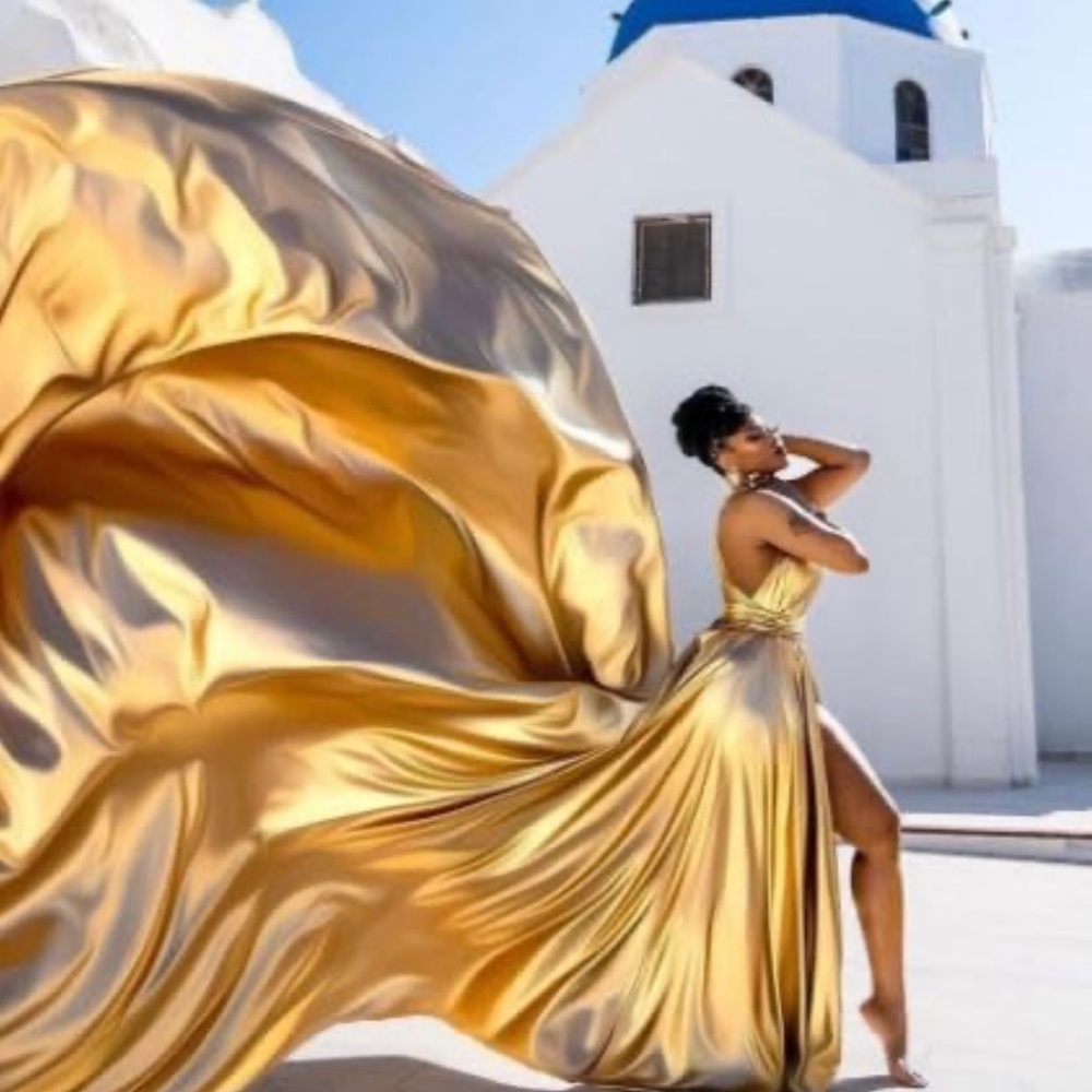 Gold Long Flying Dress Convertible for photoshoot. Long Train. Stunning!